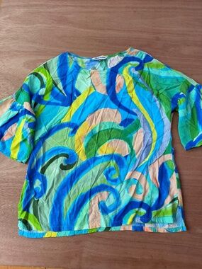 Jams World Velzyland top size XS rayon abstract 3/4 bell sleeve multicolor swirl